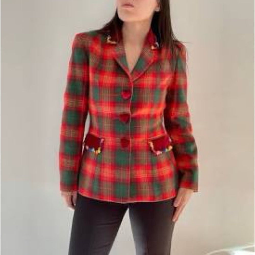 Moschino Red and Green Plaid Blazer